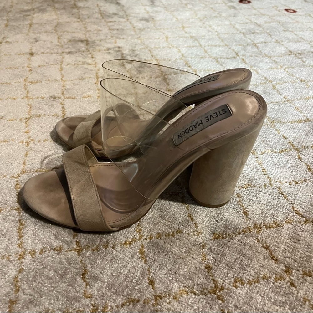Steve Madden Cheers Sandals Strap Clear Block Heel Women Size 8 Leather Tan - Picture 5 of 8